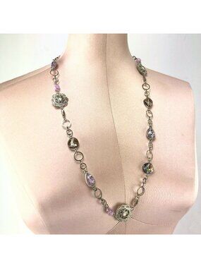Kohl's Metal Necklace Long Silver-tone Glass Beads Pink Accents